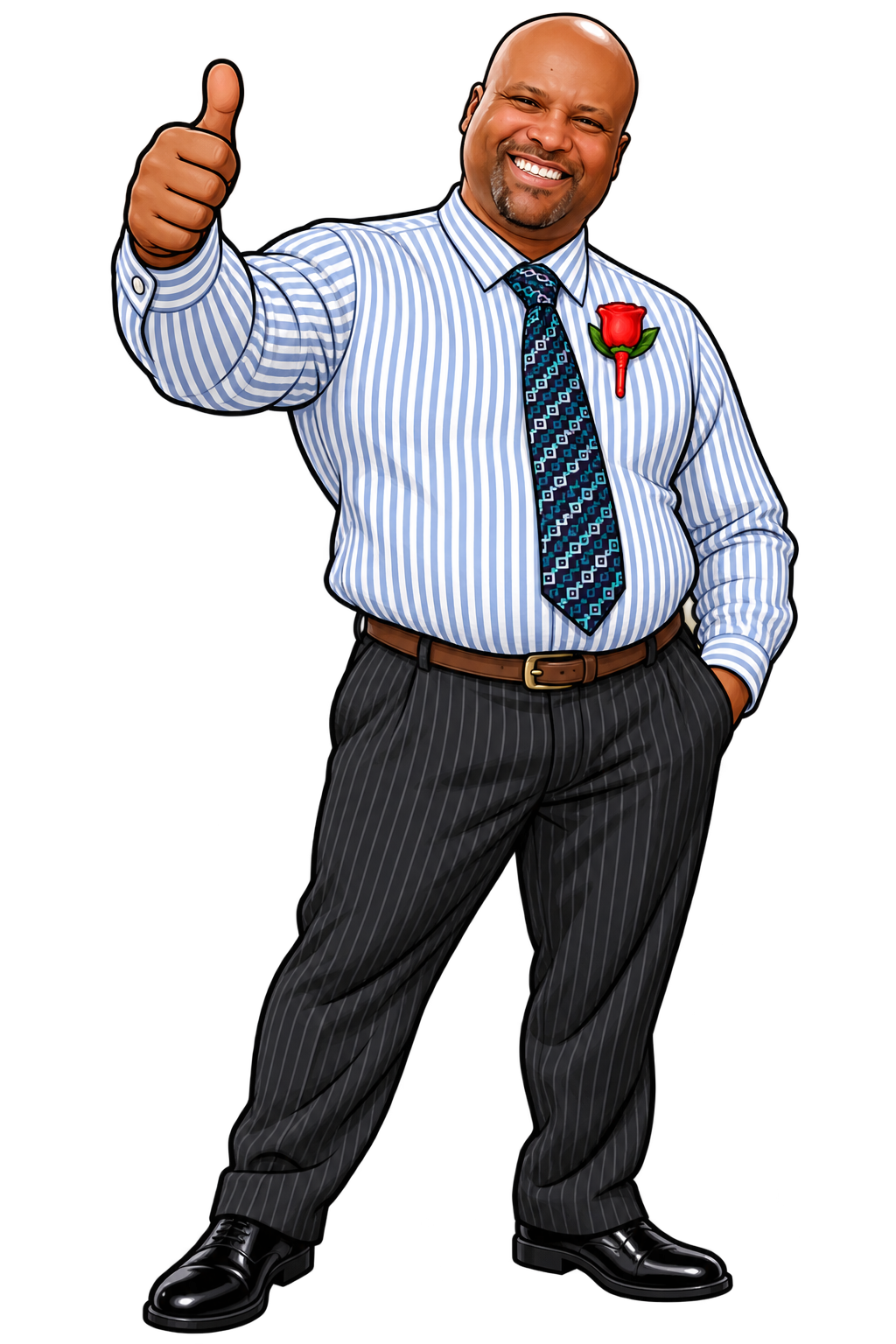 Cartoon portrait of PJ smiling and giving a thumbs-up